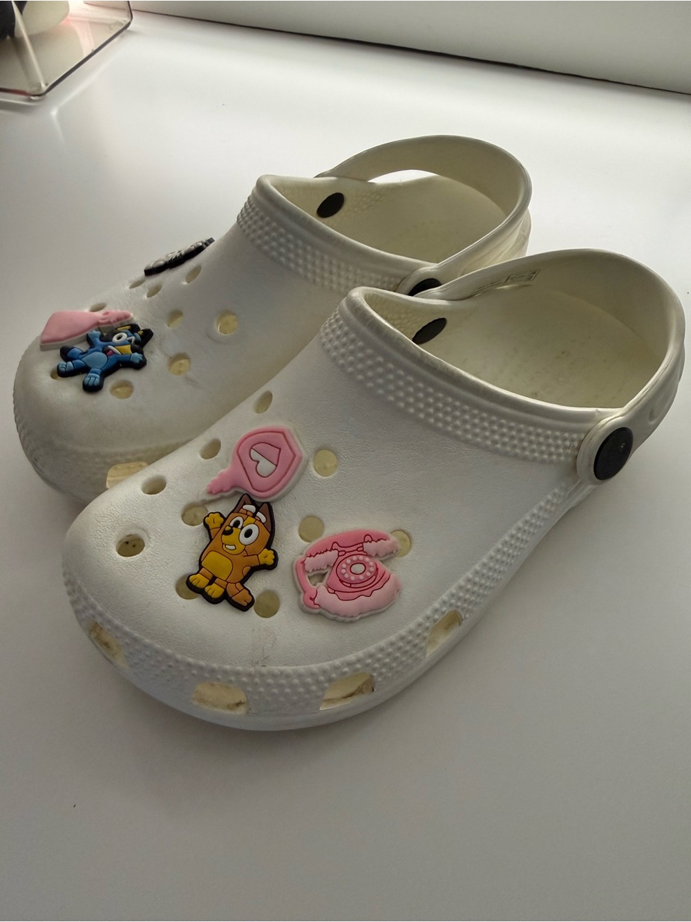 CROCS Kids White Clog Sandals with Pink & Yellow Charms